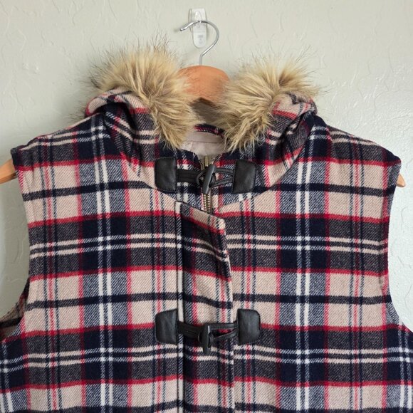 Old Navy Retro Plaid Toggle Wool Blend Vest Faux Fur Hood Multicolor Sz Womens L - Picture 3 of 11
